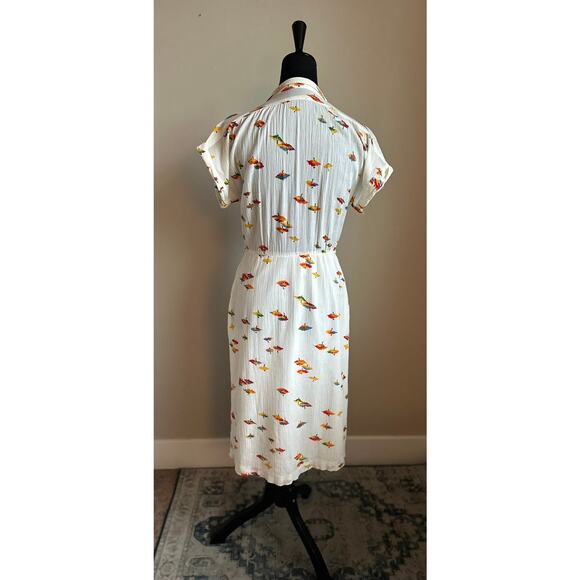 VINTAGE Women's Cut 60's/70's Cream Parrot Printed Short Sleeve Midi Dress SZ M - Picture 6 of 7